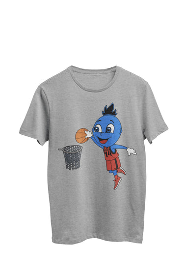 WooHooBerry soaring through the air while executing a basketball dunk, a gray T-shirt. Capturing an exhilarating sports moment in mid-action.